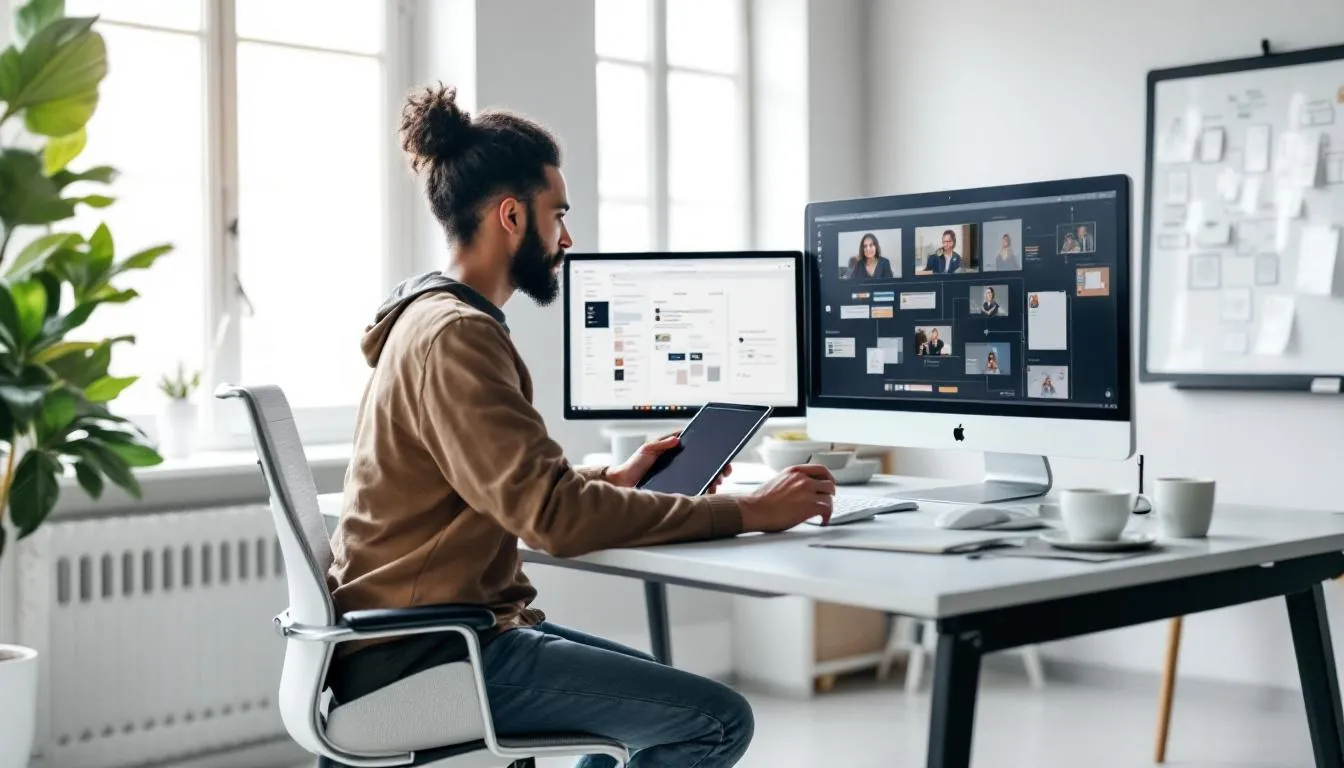 In a modern workspace, a UX designer is focused on creating wireframes and user journey maps, utilizing various techniques of user interface design to enhance user experience. The designer is engaged in analyzing user flows and developing prototypes to ensure a user-friendly interface that meets the needs of end users.