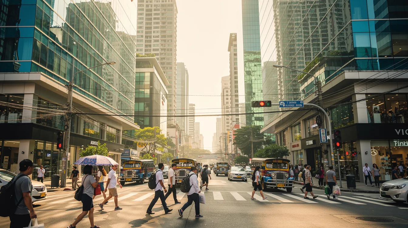 The image depicts a bustling commercial district in Manila, characterized by modern glass buildings and a diverse crowd of pedestrians crossing the street. This vibrant scene reflects the dynamic atmosphere of banking and commerce in the Philippines, where various banks, including digital and traditional banks, offer a broad range of financial services to customers.
