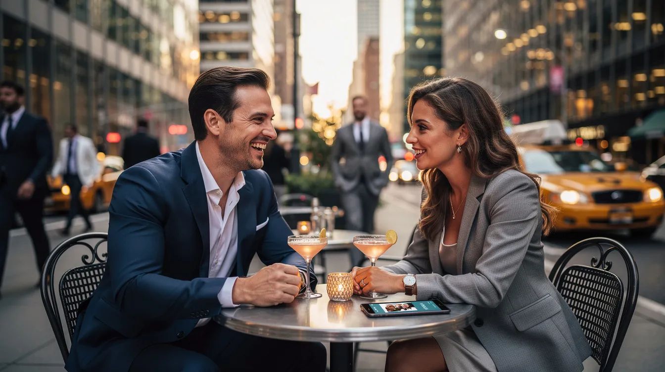 The image showcases a group of young professionals in New York City, engaged in lively conversation at a trendy café, embodying the modern dating scene. They represent the ambitious lifestyle of busy professionals seeking meaningful relationships amidst their career demands, highlighting the vibrant social circle and dating apps that facilitate quality connections in the big city.