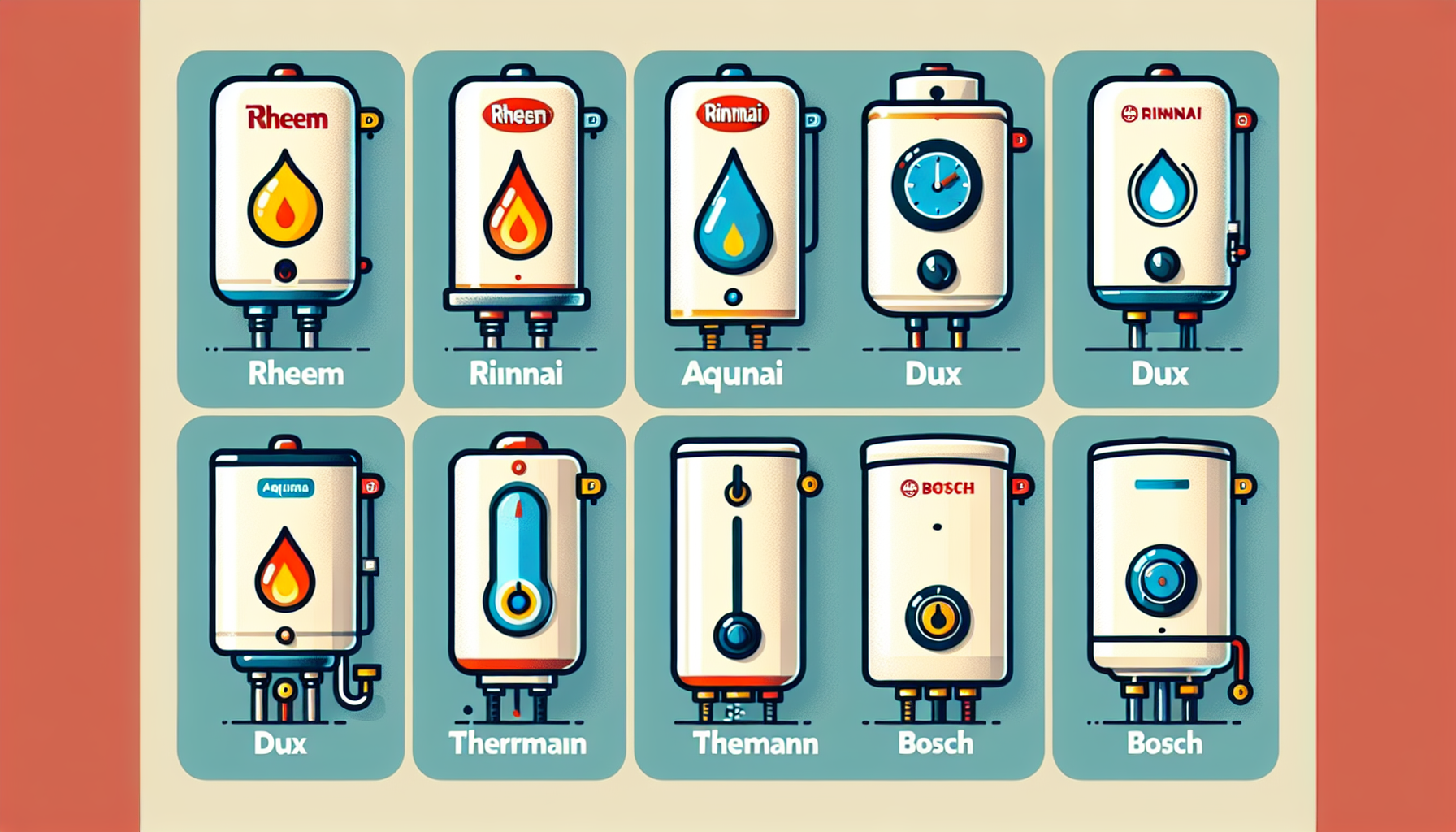 Comparison of hot water system brands including Rheem, Rinnai, Aquamax, Dux, Thermann, and Bosch