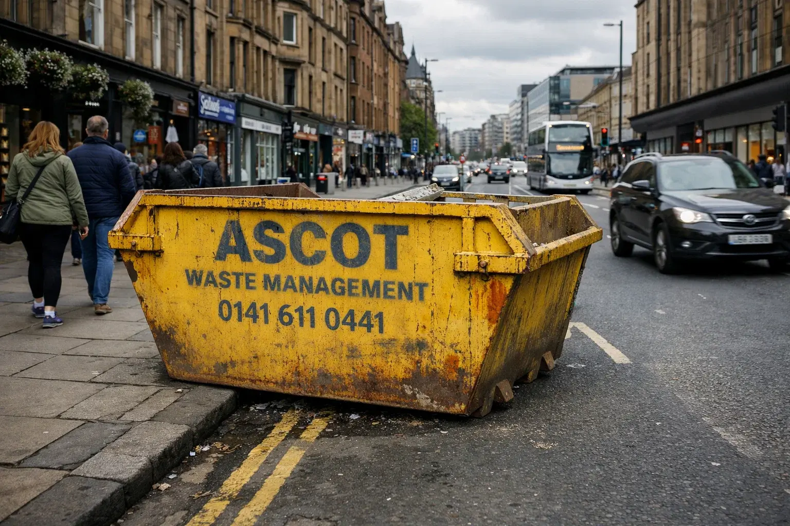 Skip placed on a public road in Glasgow requiring a permit