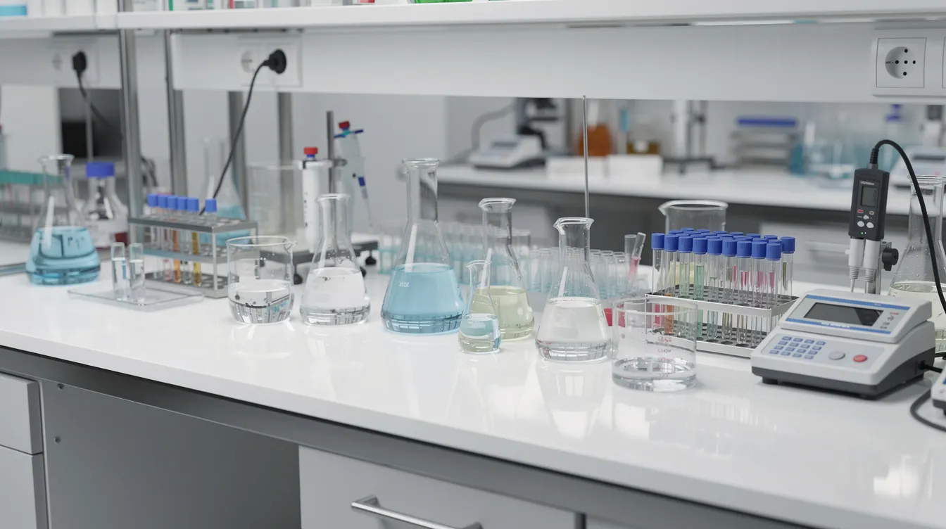 The image depicts a scientific laboratory featuring various glass beakers and testing instruments arranged neatly on a clean white counter, suggesting a focus on analyzing substances such as hemp derived products or cannabis compounds. This setup may be used for research related to the legal status of delta 8 THC and other cannabinoids under Washington state law.