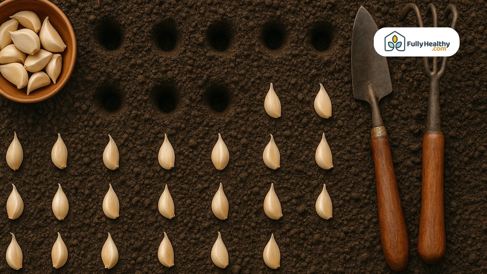 Garlic cloves arranged for planting with garden tools on soil