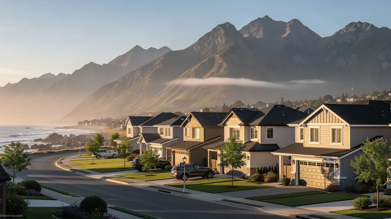 The image depicts a coastal suburban neighborhood featuring charming residential homes set against a backdrop of majestic mountains. This picturesque setting could be ideal for professional DSTV installation services, ensuring residents enjoy seamless viewing and crystal clear reception in their homes.