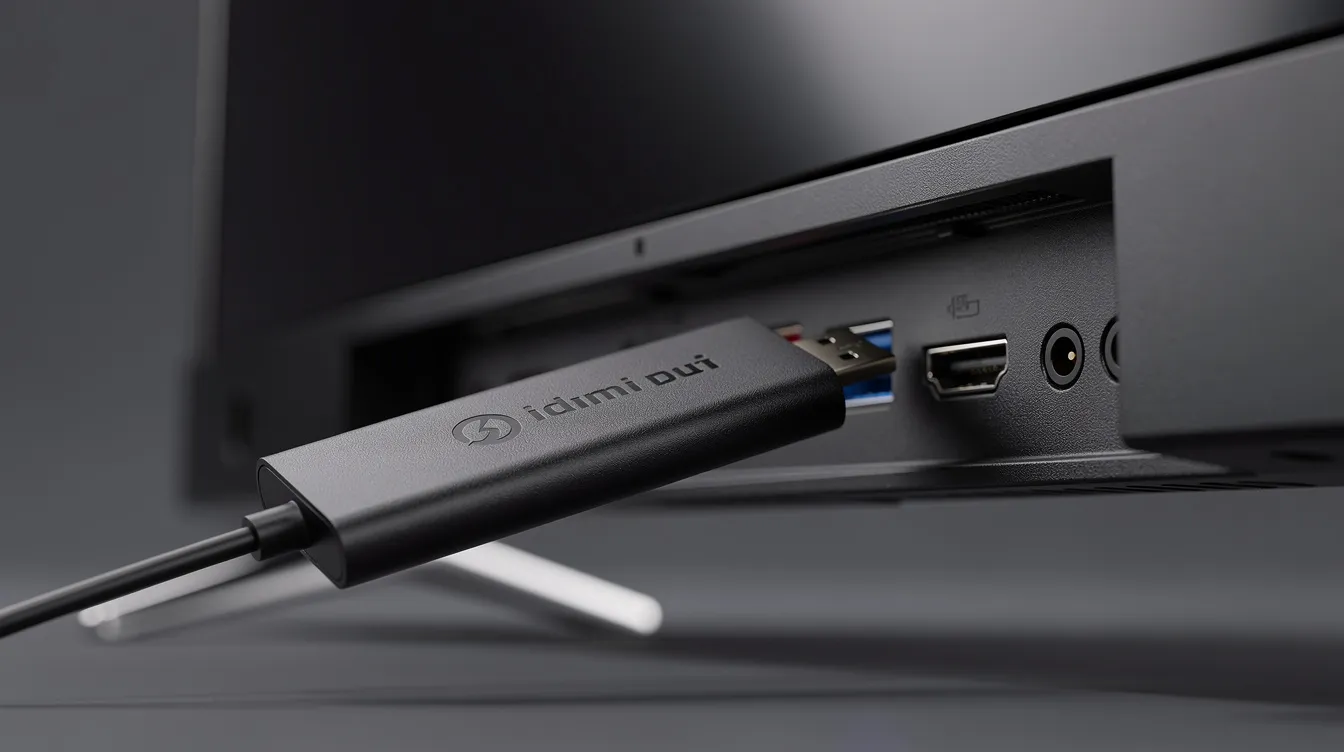 A close-up image shows a streaming stick, such as an Amazon Fire Stick, plugged into the HDMI port of a smart TV, ready to provide internet protocol television (IPTV) services. This setup allows users to enjoy high-quality streaming of live TV channels, on-demand content, and international programming, enhancing their viewing experience beyond traditional cable.