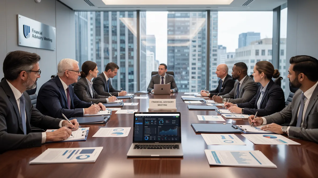 A professional meeting is taking place in a bank conference room, featuring a group of individuals discussing financial documents and analyzing a laptop. The atmosphere suggests a focus on business plans and project financials, potentially related to the ghee manufacturing industry and its market growth.