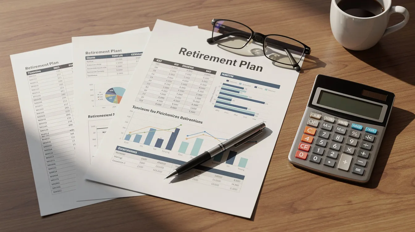 The image depicts retirement planning documents and a calculator placed on a wooden desk, symbolizing the importance of financial strategies such as variable and fixed annuities for securing a stable future. This setup reflects the process of evaluating investment options and preparing for retirement challenges, ensuring guaranteed income and predictable growth through various annuity products.