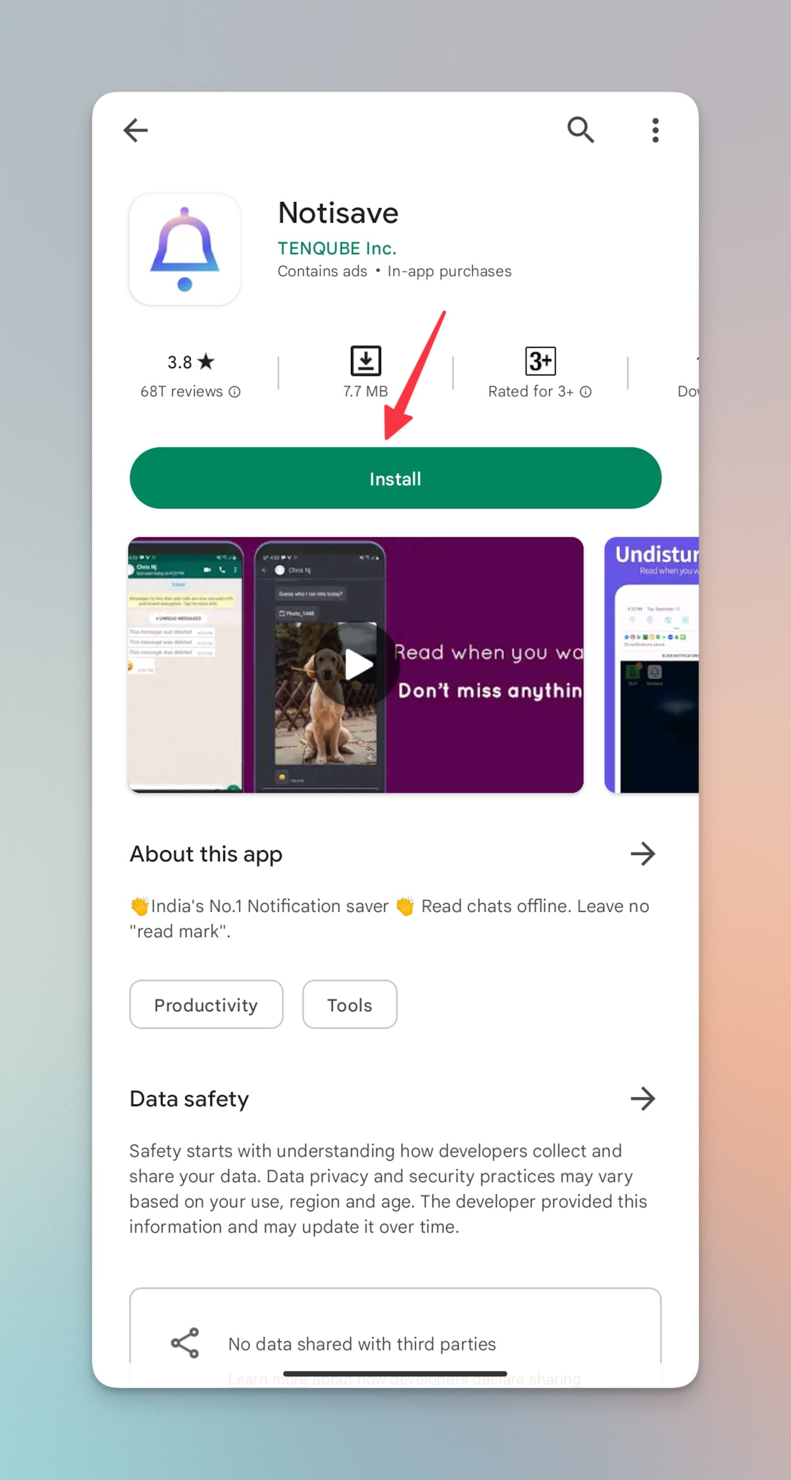 Remote.tools points to install button of Notisave on Google play store 