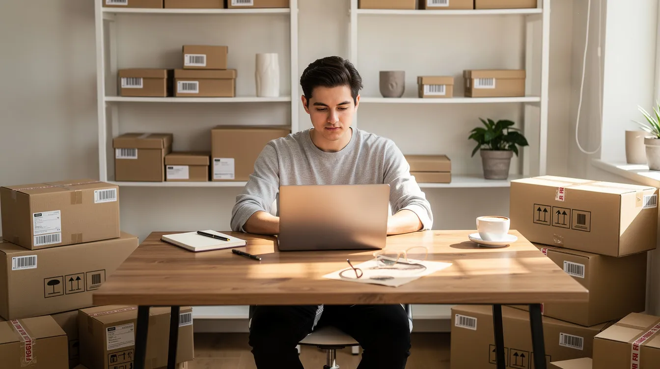 5d793cbc 4656 41fc a72d 5051a4bb6c6b A person is seated at a desk in a home office, working on a laptop while surrounded by various shipping boxes, indicating an active trading business. This scene reflects the essentials of managing a small trading business, emphasizing the importance of organization and market research in e-commerce and wholesale trading.