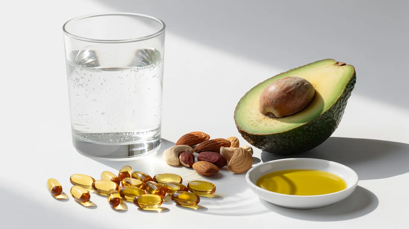 The image features a collection of supplement capsules next to a glass of water and a sliced avocado, symbolizing a healthy diet that supports cellular health. These supplements, including quercetin, may help target senescent cells and promote overall well-being, particularly in relation to cardiovascular health and cellular function.