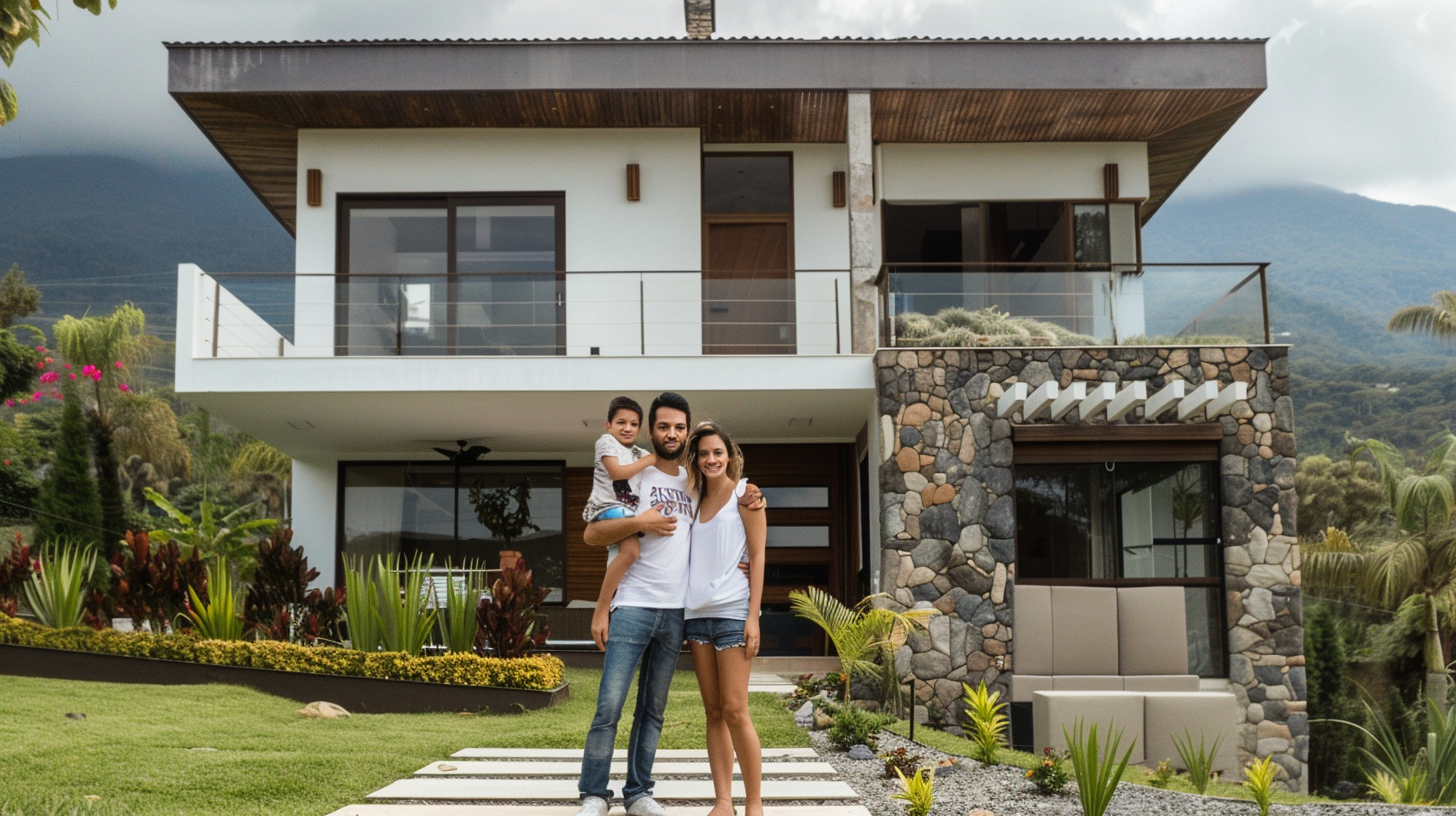 Familia feliz en su casa asegurada por Freedom Seguros, disfrutando de tranquilidad y protección contra riesgos para su hogar colombiano.