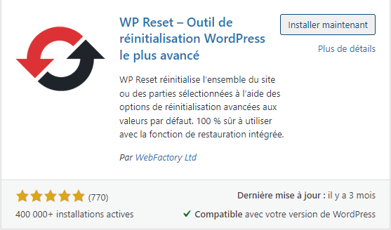 Installation plugin WP Reset site WordPress, configuration l'extension WP Reset, choix extension plugin WP Reset tableau de bord 