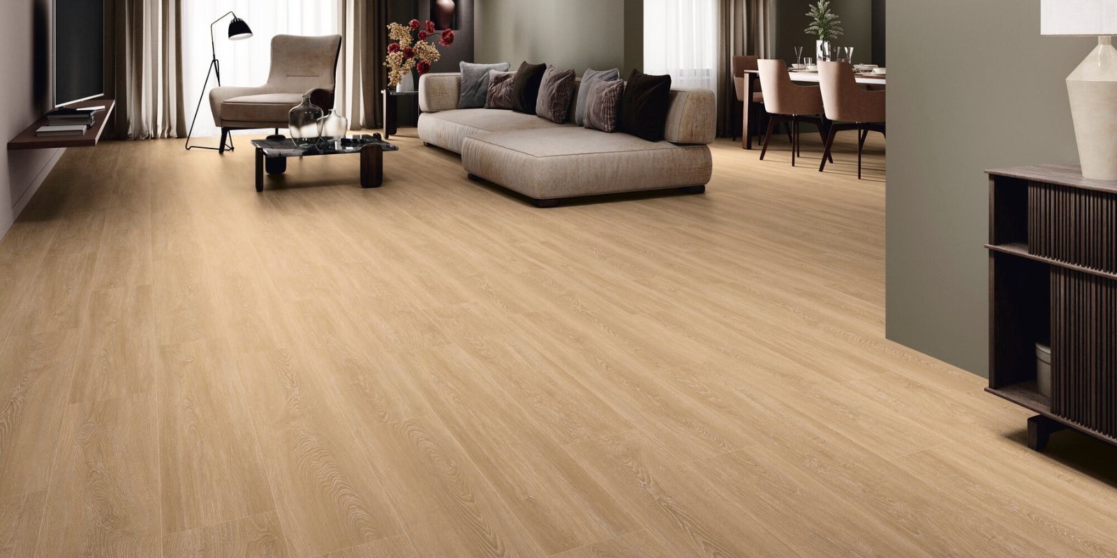 Deep Beige floor elongated tiles leading into a living room and dining room.