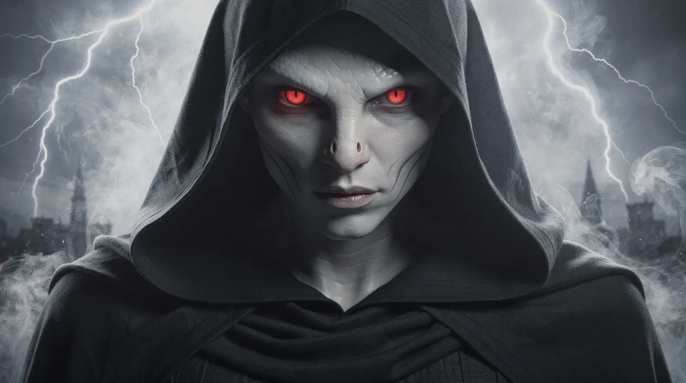 Die Nahaufnahme zeigt eine düstere Gestalt in einem schwarzen Umhang mit einem schlangenähnlichen, bleichen Gesicht und glühenden roten Augen. Dramatische Lichtblitze im Hintergrund und Schatten verleihen der Szene eine bedrohliche Atmosphäre, die an die dunklen Momente in der Harry Potter Reihe erinnert, insbesondere an die Begegnungen mit Lord Voldemort.