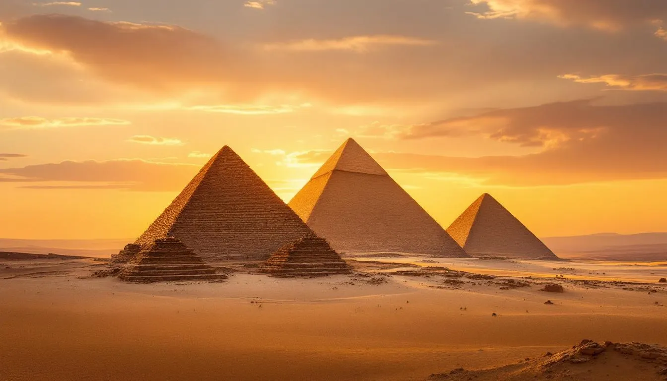 A imagem mostra uma vista panorâmica das três pirâmides de Gizé iluminadas pelo sol do entardecer, com o céu tingido de tons alaranjados e dourados. Essas majestosas pirâmides do Egito, símbolos do Egito Antigo, estão situadas no deserto próximo ao Vale do Nilo, criando uma cena impressionante e histórica.