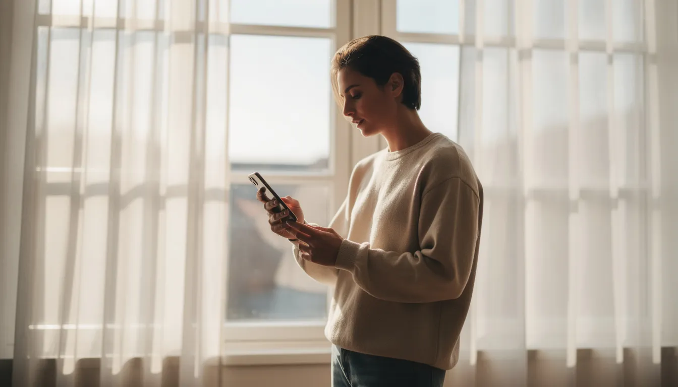 A person stands near windows adorned with curtains, holding a smartphone, possibly looking for professional curtain cleaning services in Dubai. The scene highlights the importance of maintaining clean curtains for better indoor air quality and a healthier living space.