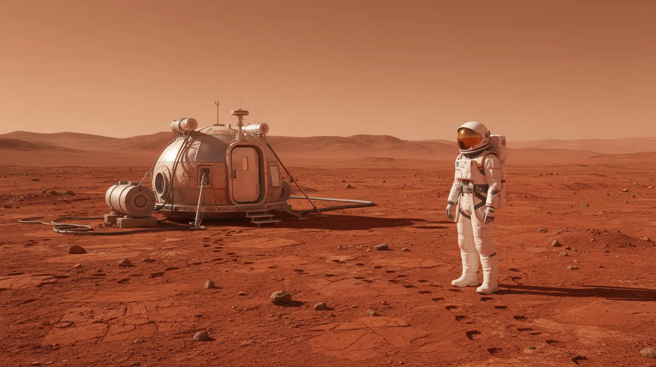 Ein einzelner Astronaut in einem Raumanzug steht neben einem Habitat in einer weiten, orangeroten Marslandschaft, während der klare Himmel über dem Horizont strahlt. Diese Science-Fiction-Szene erinnert an die Werke von Regisseur Ridley Scott und vermittelt ein Gefühl von Abenteuer und Entdeckung im Weltraum.