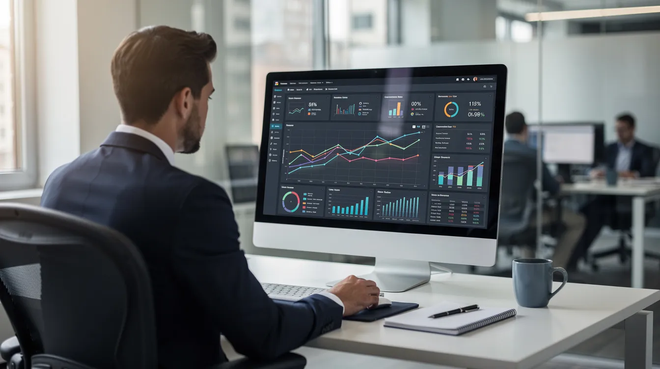 5d81dc9d a479 47fe 96d8 5d1cc130be63 A professional is intently reviewing an analytics dashboard displayed on a computer screen, analyzing data that could inform strategies for their online business. The dashboard highlights key metrics relevant to digital marketing and market research, essential for identifying profitable online business ideas and optimizing online presence.