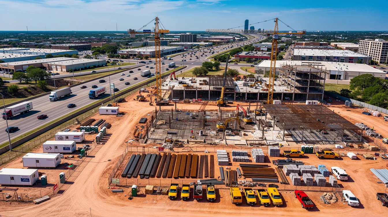 An aerial view of a busy Central Texas construction corridor illustrates the scale and pace of regional jobsite operations where safety systems and worker support matter daily.
