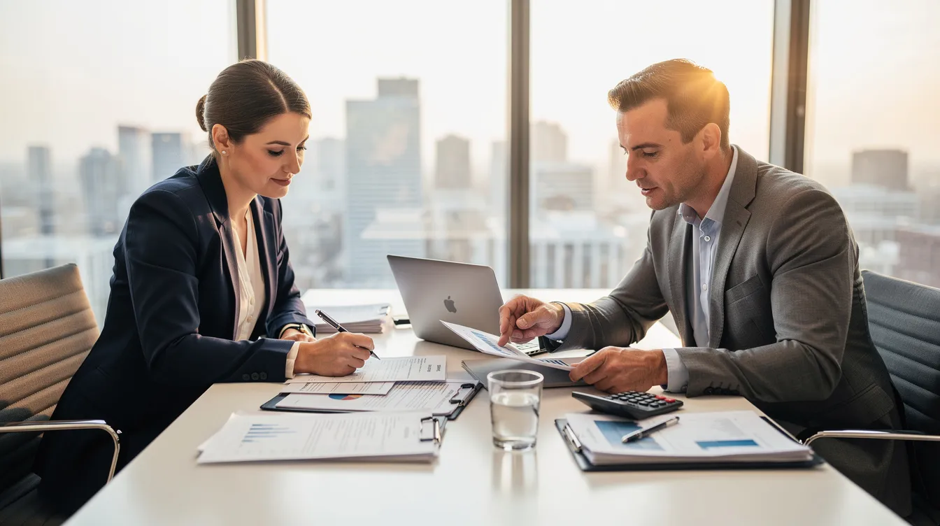 The image shows two business professionals engaged in a discussion at a modern office desk, reviewing paperwork related to financing options such as home equity loans and cash out refinance. They appear focused as they explore various loan products, likely considering factors like interest rates and monthly payments to meet their financial goals.