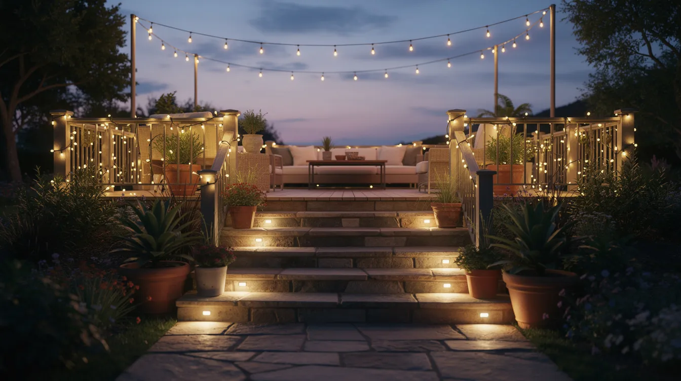 The image depicts an outdoor patio at dusk, beautifully illuminated by warm string lights that highlight the walkway and steps. This inviting space, perfect for summer gatherings, also emphasizes the importance of safety precautions such as inspecting outdoor cords and ensuring a fire extinguisher is accessible to mitigate potential fire hazards.