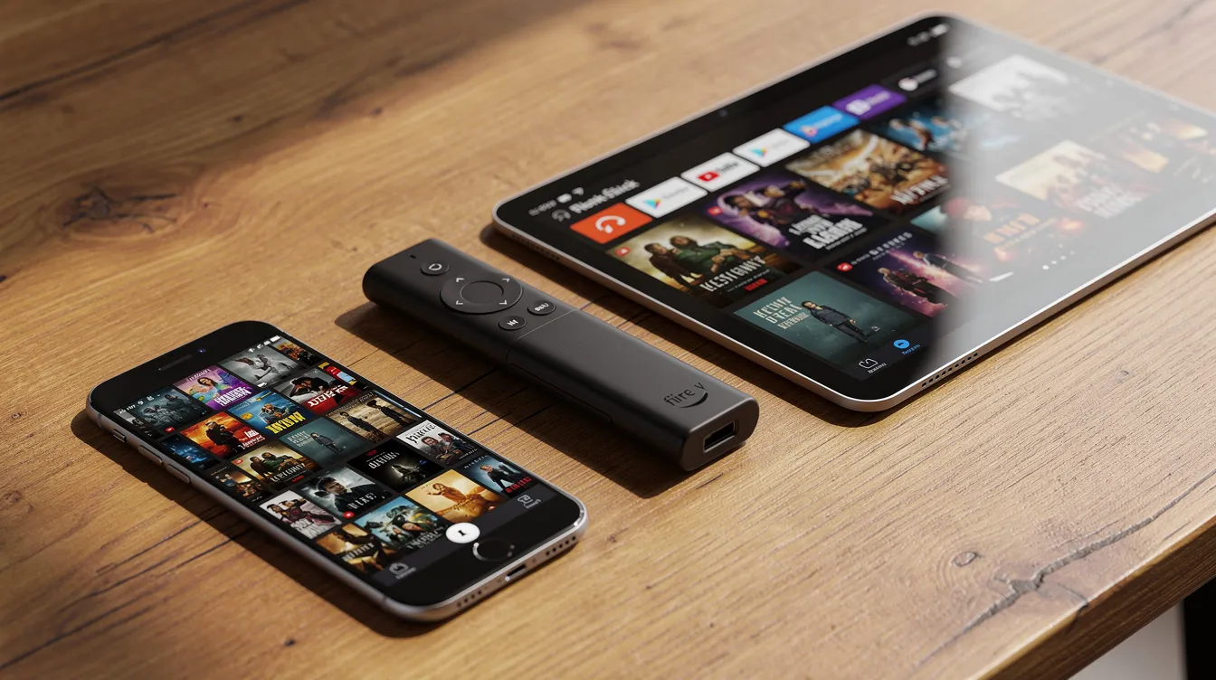 An assortment of streaming devices, including a Fire TV Stick, smartphone, and tablet, are neatly arranged on a wooden table, showcasing the versatility of modern IPTV services for watching live TV channels. This setup highlights the convenience of accessing high-quality streaming across multiple devices for UK viewers.