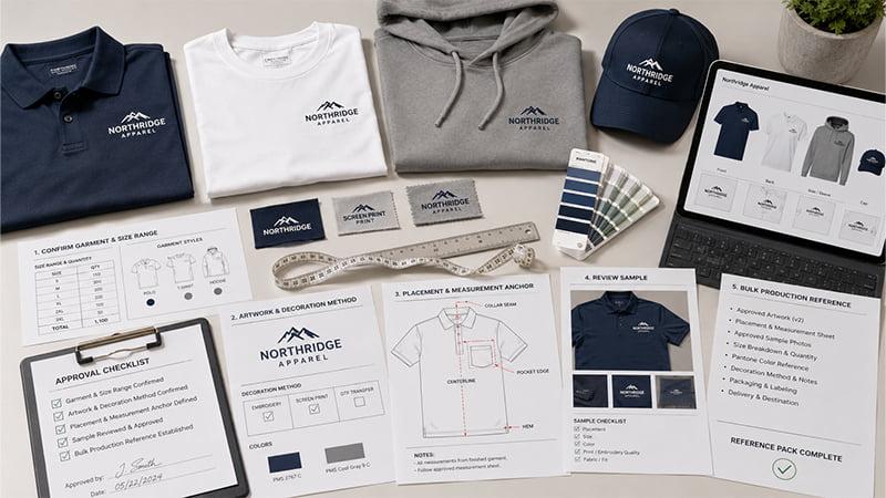 Custom apparel branding approval process with garments, artwork and placement samples