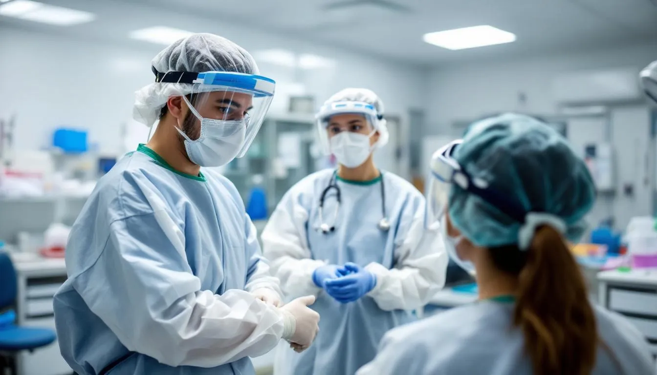 The image depicts healthcare workers in a medical facility actively demonstrating proper infection control procedures, including the use of appropriate personal protective equipment and hand hygiene practices. These frontline healthcare workers are engaged in infection prevention measures to reduce the risk of healthcare-associated infections in patient care settings.