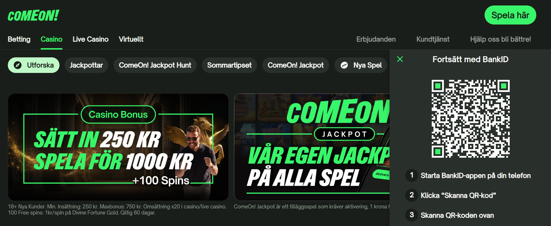 ComeOns casinosida med casinobonus och inloggning via BankID.