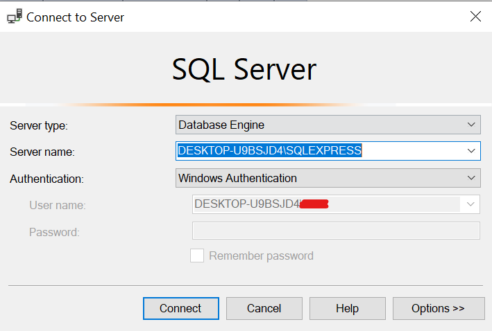 SQL Server Express "Connect to Server" window