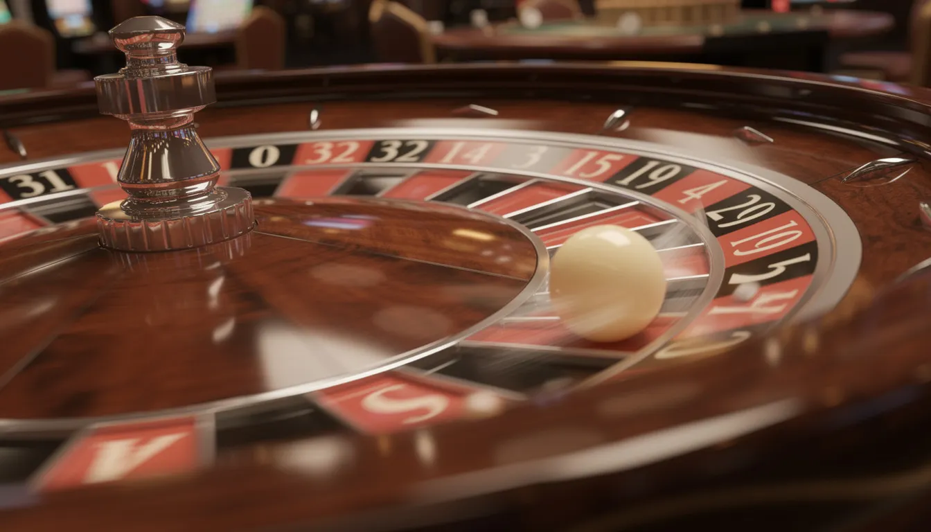 En bild av ett roulettehjul med kulan i rörelse, där den snurrande kulan är på väg att landa på en av de färgade fälten. Detta spel är en del av det spännande utbudet hos Vinnarum casino, där spelare kan njuta av olika casinospel och få tillgång till välkomstbonusar.