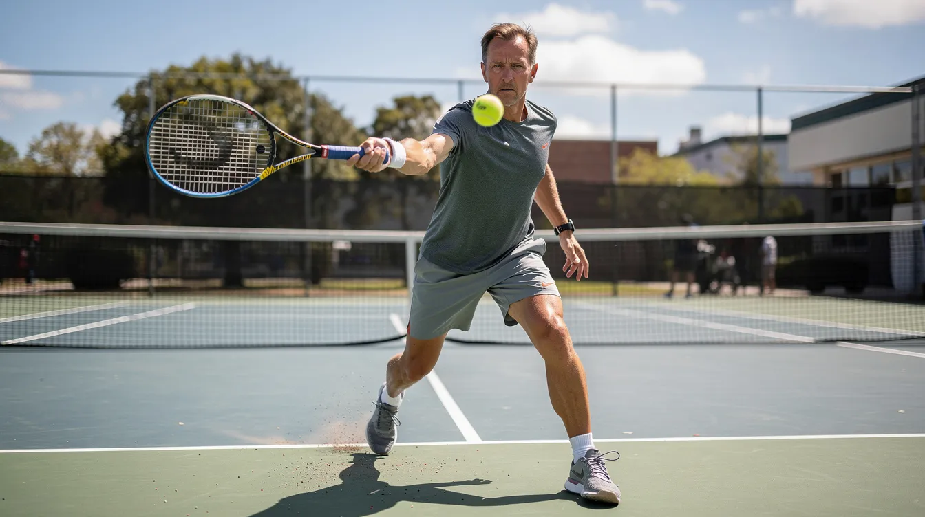 An adult tennis player in their 40s is hitting a forehand shot on a sunny outdoor public court, showcasing their tennis skills. The player appears focused and is positioned correctly, emphasizing the importance of footwork and proper technique in their practice.
