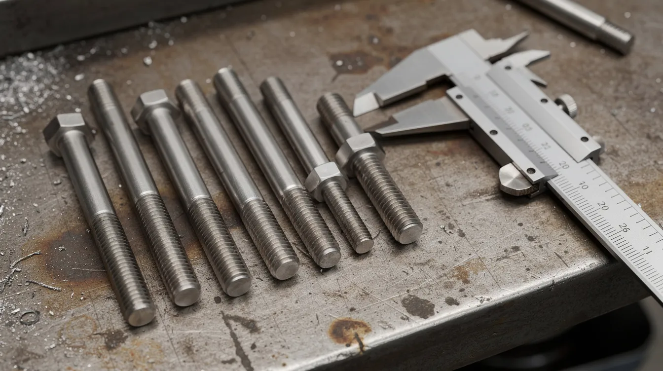 The image shows an assortment of stainless steel bolts and threaded studs neatly arranged on a workbench, accompanied by calipers for accurate measurements. The various components feature different thread specifications, including internal and external threads, showcasing details like pitch, diameter, and maximum thread depth.