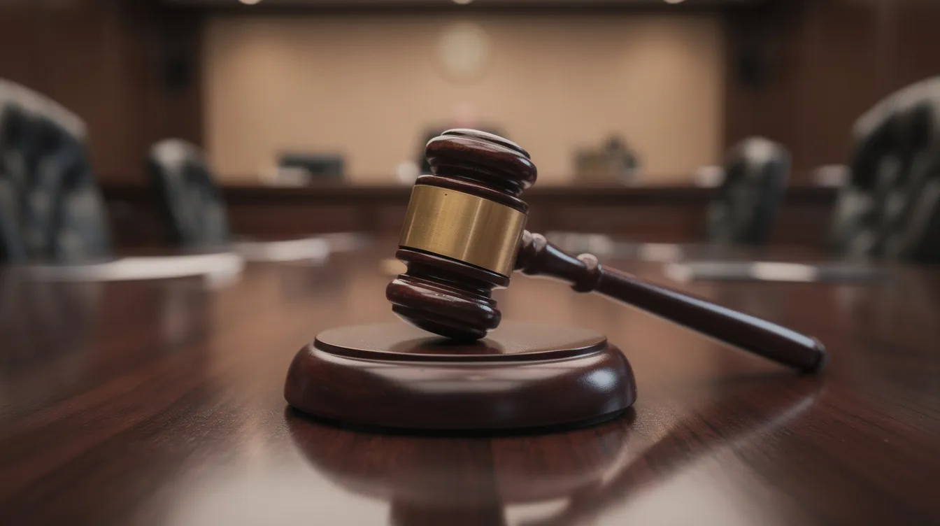 The image depicts a gavel resting on a polished wooden desk in a courtroom, symbolizing the legal proceedings involved in a wrongful death lawsuit. This setting highlights the serious nature of cases where surviving family members seek compensation for their loved one's death due to another's negligence.