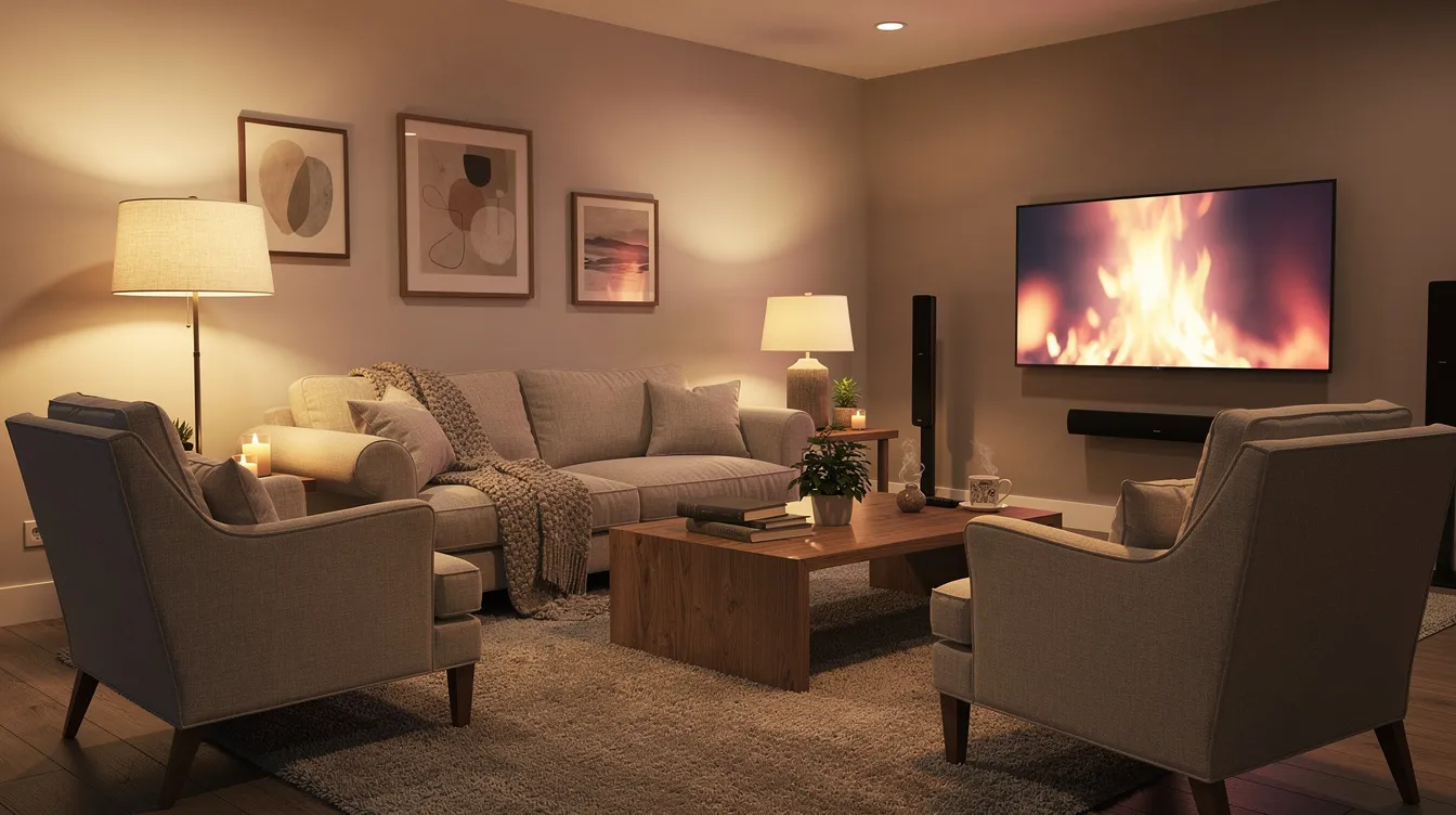 The image depicts a cozy virtual living room filled with comfortable furniture, soft cushions, and warm lighting, creating an inviting atmosphere for players to relax and enjoy their favorite roblox games with friends. The room features a computer setup where users can watch and play popular games, enhancing their gaming experience.