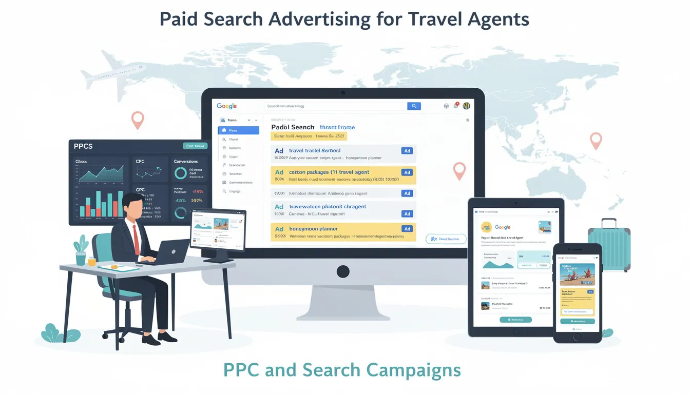 The image illustrates a vibrant digital marketing strategy for travel agents, highlighting the importance of paid search advertising, social media campaigns, and keyword research to attract potential customers. It showcases various tools and platforms that enhance visibility and engagement in the travel industry, ultimately aimed at increasing bookings and building brand awareness.