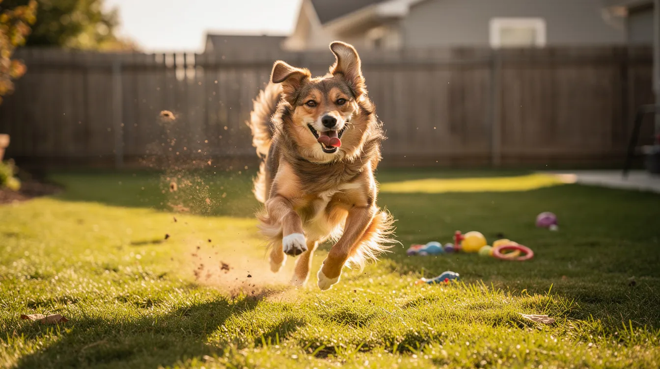 The image depicts a young dog joyfully zooming around a yard, showcasing its playful energy and excitement. Its body language, with a wagging tail and wide eyes, reflects the normal behavior of dogs experiencing zoomies, a common expression of pent-up energy and joy.