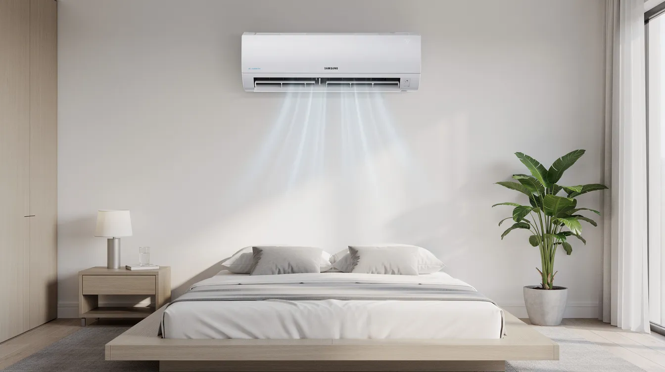 The image depicts a Samsung split air conditioner indoor unit mounted on a wall in a modern bedroom, showcasing a sleek design that complements the contemporary decor. A remote control is placed nearby, emphasizing the convenience of adjusting the air conditioning settings for optimal comfort in the room.