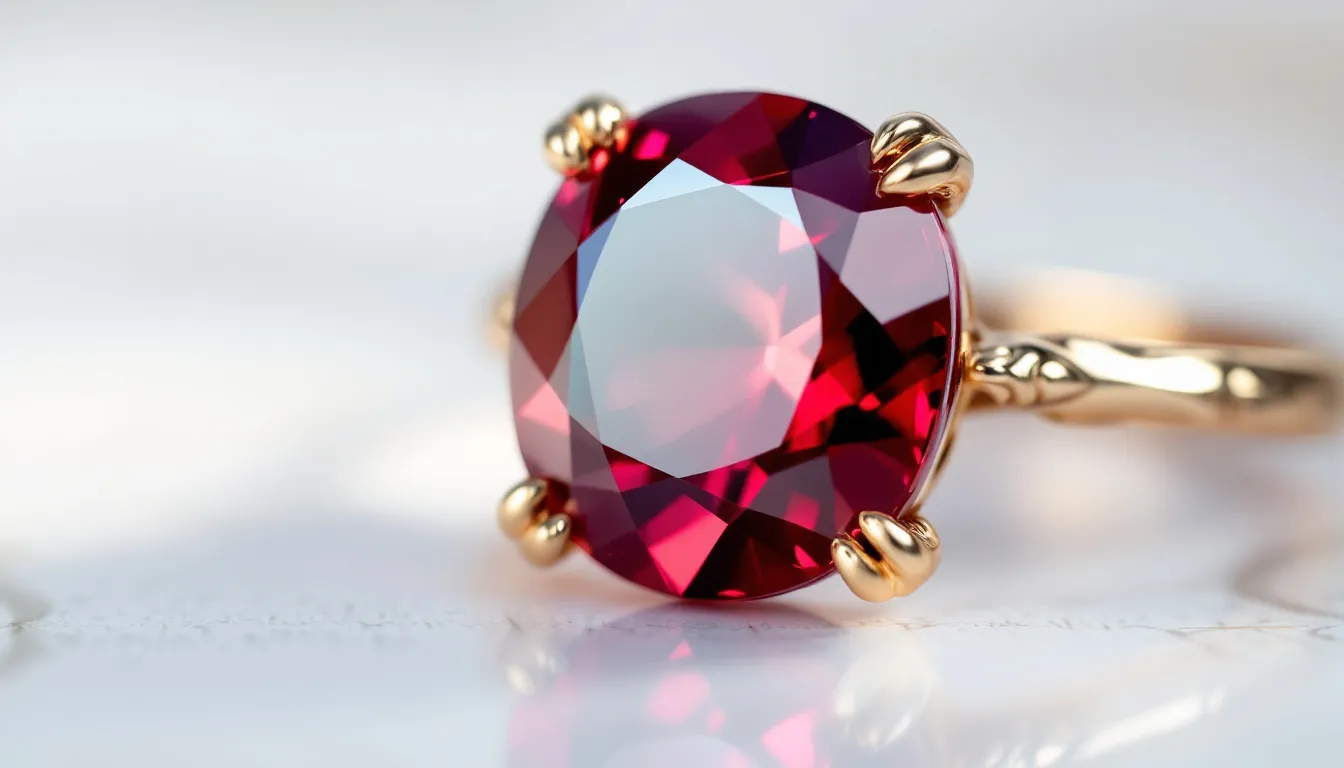 An elegant ruby gemstone, the vibrant red birthstone for July, is displayed prominently, symbolizing passion and eternal love. This exquisite piece, often found in engagement rings, showcases the beauty and rarity of rubies, making it a cherished addition to any jewellery collection.