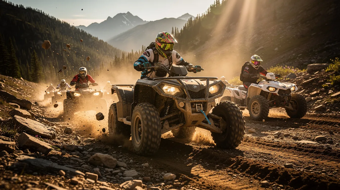 A imagem retrata uma emocionante excursão off-road em um quadriciclo, percorrendo trilhas em meio à natureza exuberante de uma região montanhosa. Ao fundo, é possível ver uma paisagem que lembra a Grécia, com colinas e vegetação, evocando a sensação de aventura e exploração.