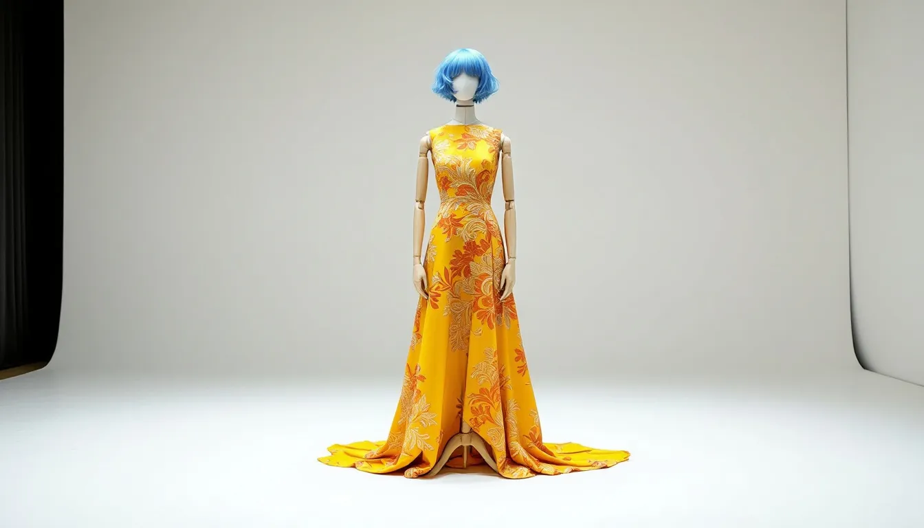 In an empty room, a bright yellow sleeveless dress, Halloween costumes, movie costumes, inside out costume