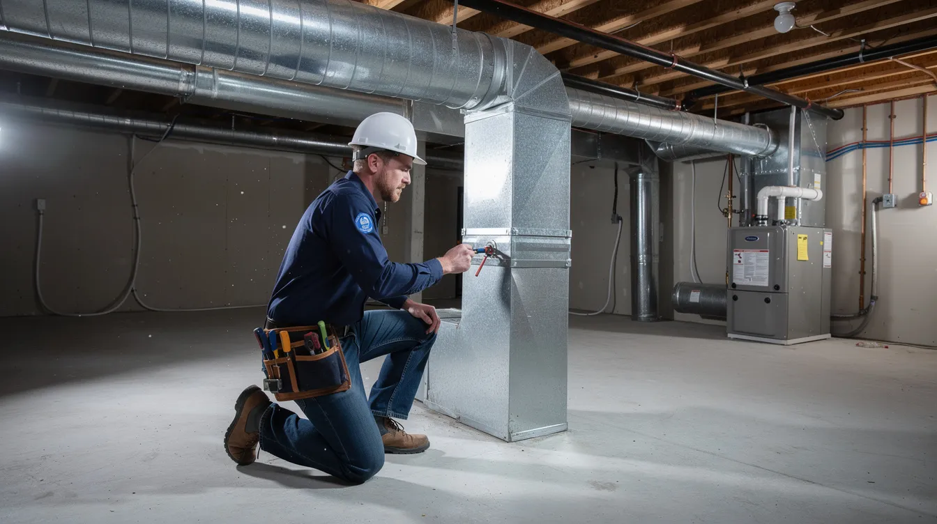 A professional HVAC technician adjusting ductwork in a residential basement.
