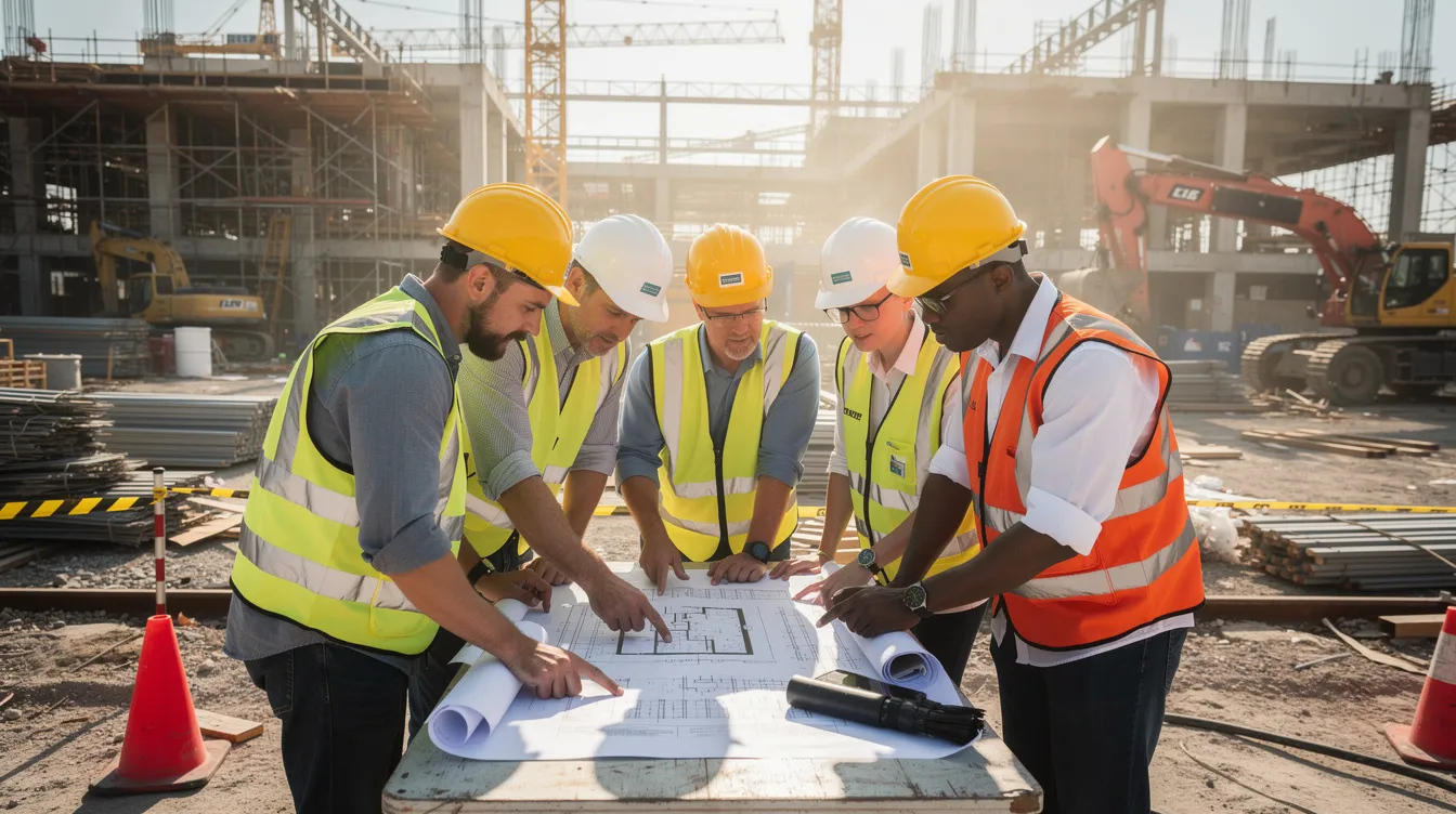A group of construction workers in hard hats is gathered on an active jobsite, carefully reviewing paperwork related to their tasks. This scene emphasizes the importance of proper training and technical knowledge in ensuring occupational safety and compliance with certification requirements in the construction industry.