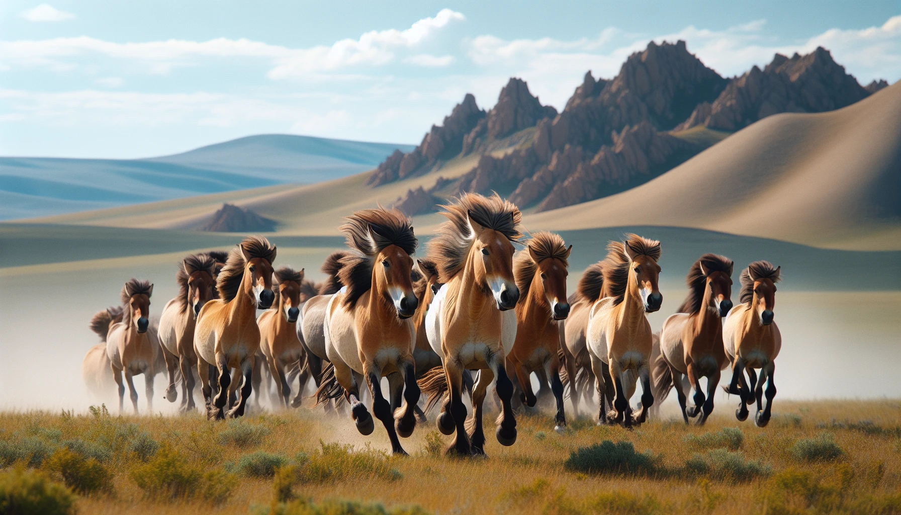 Illustration of a herd of wild horses roaming in Khustain Nuruu National Park