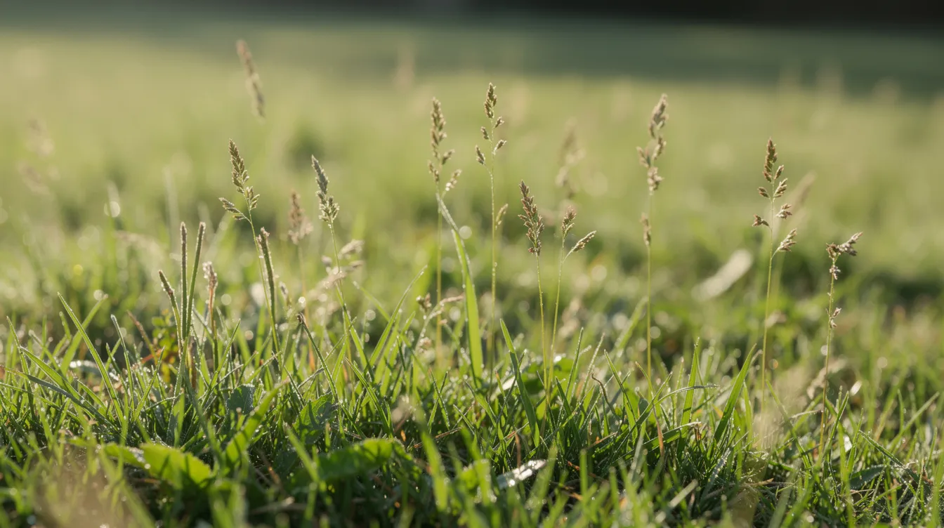 The image shows a close-up view of a lush green lawn, featuring fine-leaved grass blades with delicate seed heads rising above them. This scene highlights the vibrant growth of grass, ideal for newly sown lawns and a perfect setting for quality lawn care.