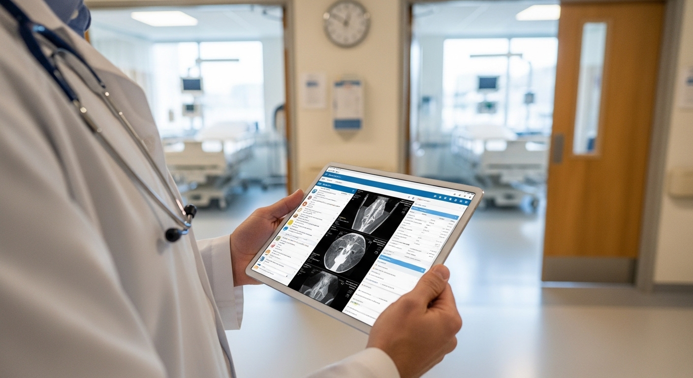 Doctor seamlessly moving between patient rooms with a persistent virtual desktop session on a tablet.