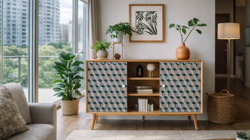 Stylish vinyl wrap on showcase in living room