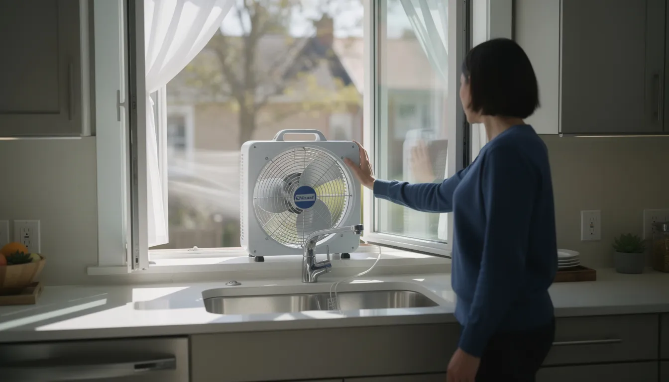 A person is opening a kitchen window to allow fresh air in while a box fan on the windowsill directs air outward, helping to eliminate unpleasant odors and improve indoor air quality. The scene suggests a practical approach to odor removal in the home, promoting a fresher environment.