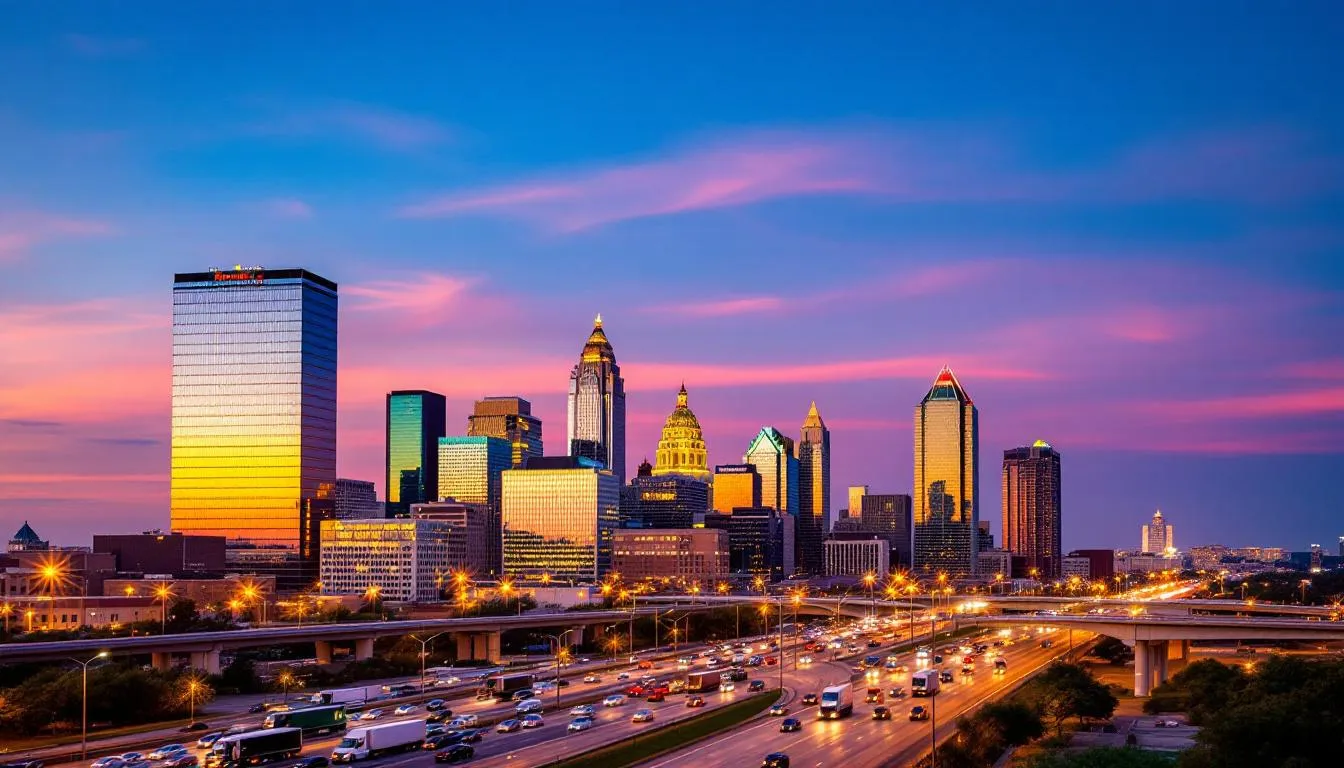 The image showcases the Austin city skyline, with tall buildings silhouetted against the sky, while busy traffic flows along the highways below. This bustling scene reflects the vibrant life of Austin, Texas, where personal injury lawyers assist accident victims in navigating their legal claims and seeking fair compensation for their injuries.