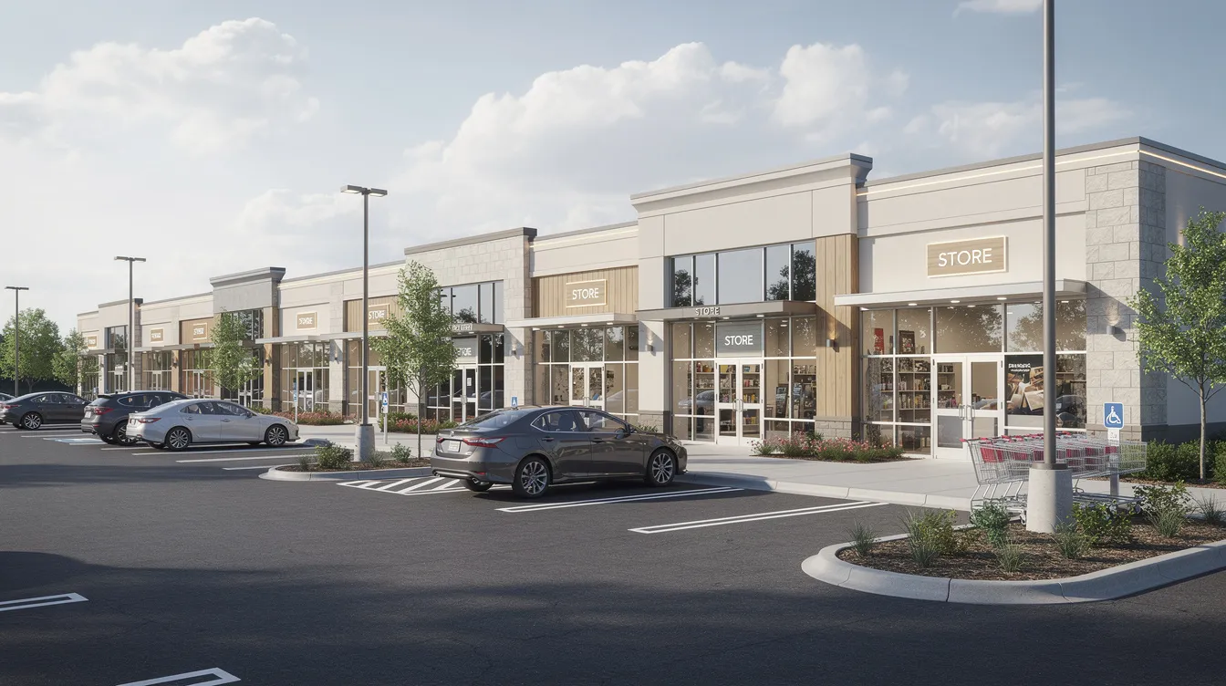 The image depicts a modern commercial retail strip center with a spacious parking lot, showcasing a variety of storefronts. This facility highlights the importance of commercial electrical services, as it likely features advanced electrical systems, lighting fixtures, and security systems to meet the needs of businesses and customers.